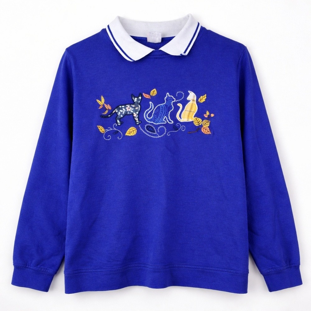 Vintage 80s 90s Cat Sweatshirt Sz‎ M Embroidered Kitty Kittens Grandma Core
